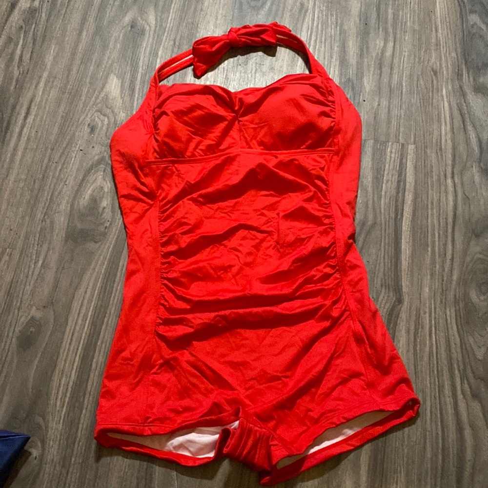 Retro Inspired Boy-Leg One Piece Ruched Monokinis Swimsuit Size L - Picture 3 of 8